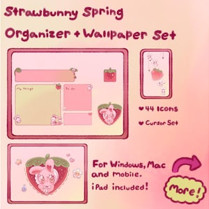 Puede incluir: Un conjunto digital de organizador y fondo de pantalla "Strawbunny Spring". El diseño presenta una combinación de colores rosa y blanco con ilustraciones de fresas y conejos. Incluye 44 iconos y un conjunto de cursor. Compatible con Windows, Mac, móvil e iPad.