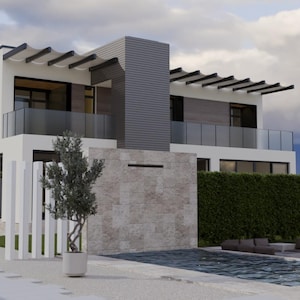 May include: Modern two-story house with a minimalist design. The exterior features white walls, gray accents, and glass balconies. A small pool and a manicured hedge are in the foreground. The house has a contemporary architectural style.