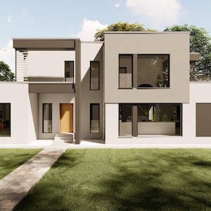May include: Contemporary two-storey house with a flat roof, in light grey and white. Large windows and a light brown front door are visible. A stone walkway leads to the entrance, surrounded by green grass and trees.
