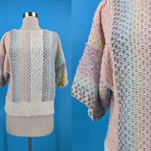 Vintage Eighties Pastel Rainbow Knit Short Sleeve Pullover Sweater Small 80s Colorful Nubby Knit Sweater image 1