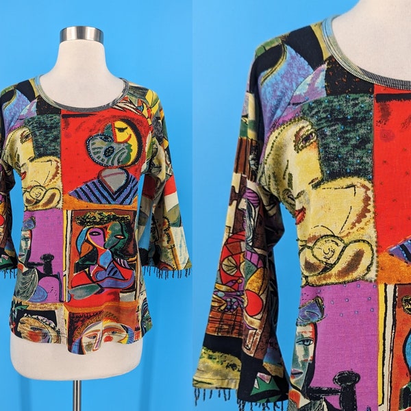 Y2K Kaktus Small Beaded Picasso 3/4 Sleeve Top - 2000s Small Picasso Cubist Print Shirt with Beads