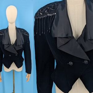 Vintage 80s Black Velvet Cropped and Fitted Western Tuxedo Jacket with Broad Shoulders and Beaded Trim Size 9 image 1