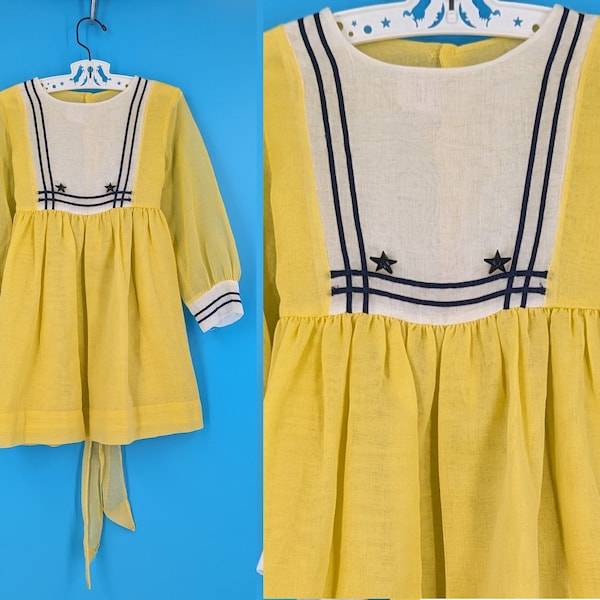 Vintage 70s Girl's Youngland Size 6 Yellow Long Sleeve Nautical Dress