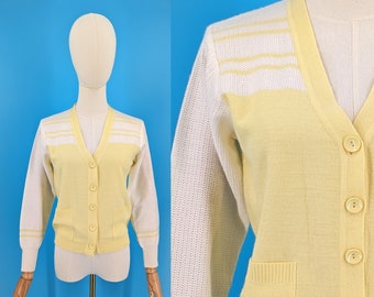 Vintage Seventies Yellow and White Cardigan Sweater - 70s Acrylic Knit Small Women's Button Front Cardigan