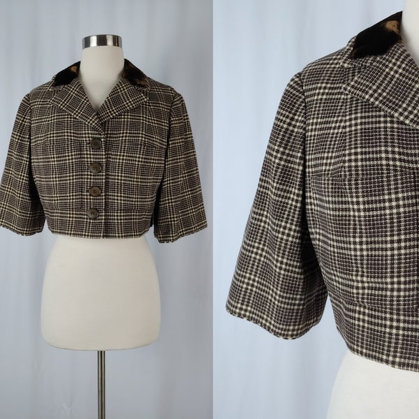 Vintage Fifties Brown Plaid Cropped Jacket - 1950s Jewel California 3/4 Sleeve Button Front Wool Jacket - Medium