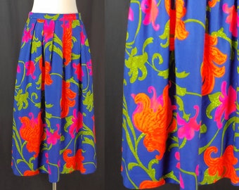 Vintage 60s 70s Blue Floral Print Pleated Barkcloth Midi Skirt - Small Sixties Seventies Psychedelic Mid Length Skirt