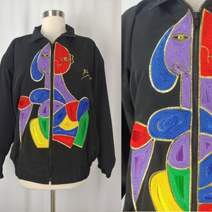 Vintage Eighties Picasso Jacket 80s Black Women's Large Mighty Soutache Colorful Picasso Woman Zip Up Jacket image 1