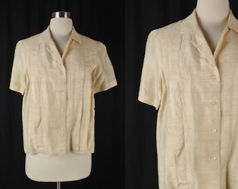 Vintage Cream Silk Short Sleeve Button Front Pleated Shirt - Fifties Medium Silk Top Blouse