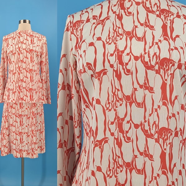 70s Penguin Print Skirt Set - Prynts by Bleeker Street Jonathan Logan - Long Sleeve Top and Skirt Set