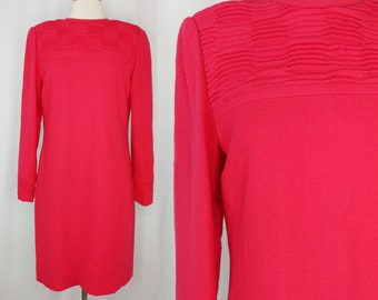 Vintage Eighties CH by Carolina Herrera Pink Wool Long Sleeve Sheath Dress - 80s Size 6 Pink Textured Wool Dress