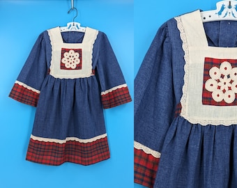 Vintage Seventies Girl's Medium Chambray Plaid Bell Sleeve Hippie Dress - 70s Girl's Peasant Dress