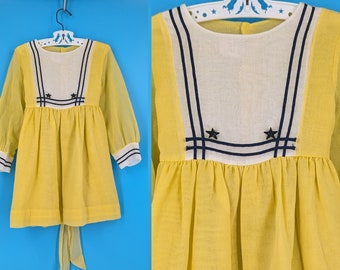 Vintage 70s Girl's Youngland Size 6 Yellow Long Sleeve Nautical Dress