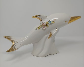 Vintage Capodimonte Italian White Porcelain Dolphin Vase - Large 16" White Gold Dolphin Vase