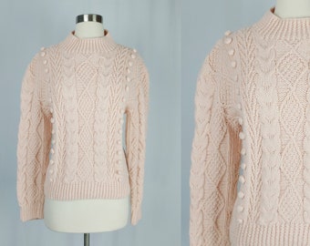 Vintage Eighties Sweater - 1980s Pale Pink Handmade Cable Knit Sweater - 80s Hand Knit Acrylic Pullover - Large / XL