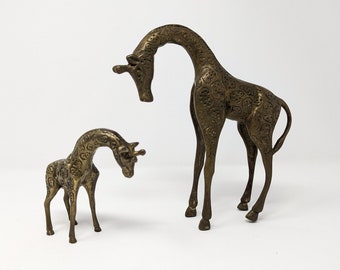 Vintage Mid Century Pair of Brass Giraffes - Mother and Baby Giraffe Figures