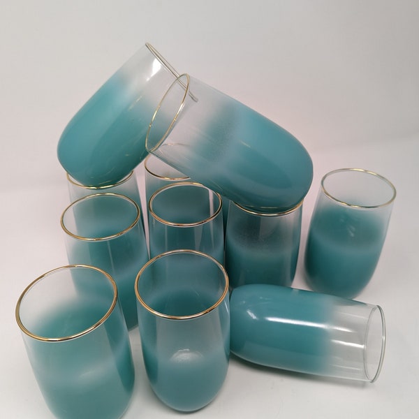 Vintage 60s Teal Blue Blendo Set of Twelve Glasses - Set of 12 Gold Rimmed Blendo Glasses