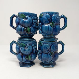 Vintage 60s Inarco Japan Blue Fruit Bowl Set of Four Mugs image 1