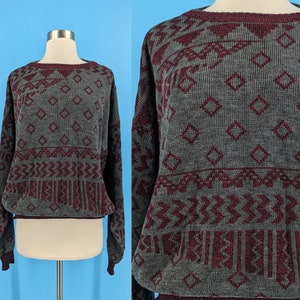 Vintage Le Tigre 80s Gray Maroon Acrylic Knit Pullover Sweater - Medium Eighties Grampa Sweater