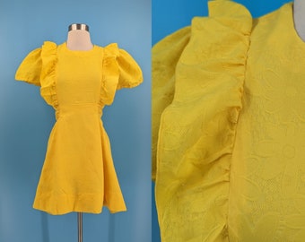 Vintage Sixties Handmade Yellow Ruffle Mini Dress - 60s Small Daisy Textured Puff Sleeve Mod Dress