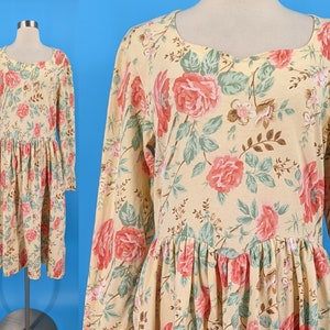 Vintage 90s Talbots Large Cotton Yellow Rose Print Long Sleeve Dress image 1