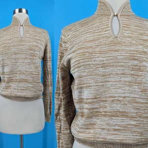 Vintage 70s Jaeger London Spacedye Silk Wool Pullover Sweater Seventies Tan Small Mockneck Keyhole Sweater image 1