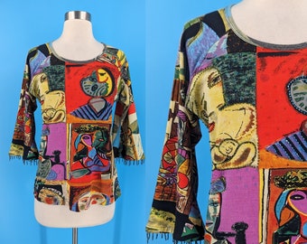 Y2K Kaktus Small Beaded Picasso 3/4 Sleeve Top - 2000s Small Picasso Cubist Print Shirt with Beads