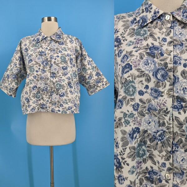 Vintage Nineties THEM Blue Rose Print Half Sleeve Boxy Button Up Blouse - Large Cotton Poly Top