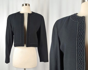 Vintage Talbots Eighties Black Wool Cropped Open Front Jacket - 80s Medium 8 Collarless Jacket with Stoutache Trim