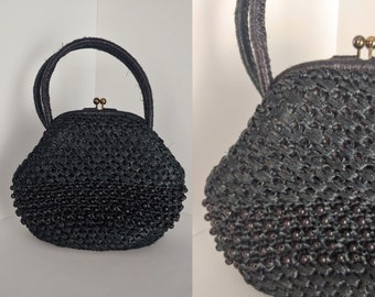 Vintage 70's Black Rattan Beaded Purse with Clasp Closure