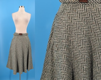 Sixties Green Herringbone Wool Blend A-line Skirt with Matching Belt - 60s Small Knee Length Skirt