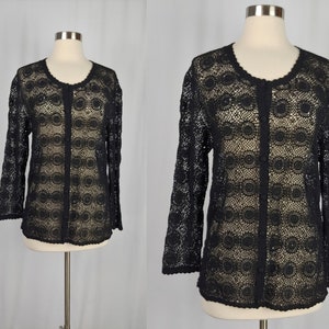 Vintage Seventies Hand Crochet Cardigan 1970s Black Cotton Sweater 70s Boho Begonia Top Large image 1