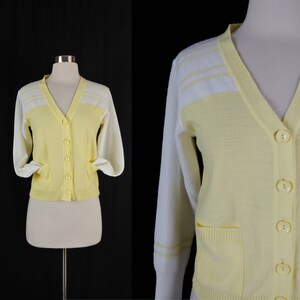 Vintage Seventies Yellow and White Cardigan Sweater 70s Acrylic Knit Small Women's Button Front Cardigan image 1
