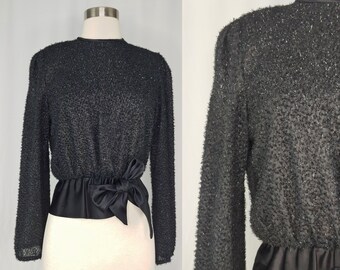 Vintage Seventies Black Fuzzy Metallic Long Sleeve Peplum Top - 70s John Roberts Semi-sheer Button Back Blouse Small