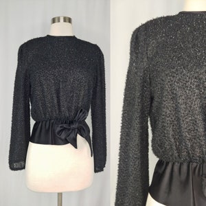 Vintage Seventies Black Fuzzy Metallic Long Sleeve Peplum Top 70s John Roberts Semi-sheer Button Back Blouse Small image 1