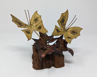 Vintage Seventies Torch Cut Brass Copper Wood Butterfly Fallen Leaves Brutalist 70s Small Sculpture