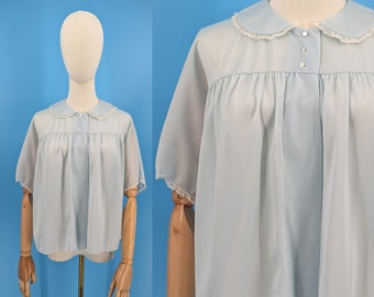 Vintage 50s Vanity Fair Pale Blue Nylon Short Sleeve Bed Jacket - Medium Fifties Peter Pan Collar Lingerie