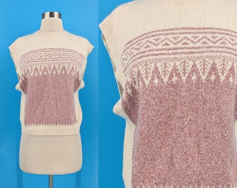 Vintage 80s Medium Silk Angora Blend Sleeveless Sweater - Eighties White Pink Pullover Sweater