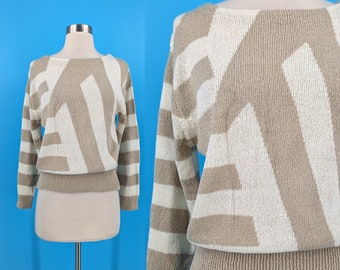 Vintage 80s Acrylic Knit Sweater - Eighties Medium Pullover Geometric Knit Blouse
