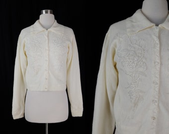 Vintage Brooks Brothers Cream Beaded Wool and Angora Cardigan - Vintage Medium Peal Button Embellished Cardigan Sweater