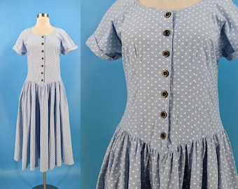 Vintage 80s Plain Jane by Sweet Baby Jane Small Blue Swiss Dot Short Sleeve Half Button Dress
