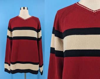 Y2K Tommy Hilfiger Large Wide Stripe Cotton and Wool Pullover Sweater