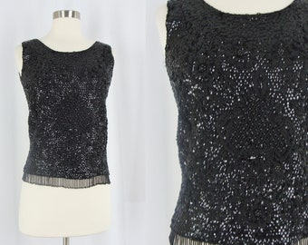 Vintage Sixties Beaded Top - 1960s Black Sequined Blouse - 60s Beaded Wool Sweater - Small Vintage Sequined Tank