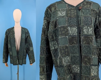 Chaqueta vintage verde acolchada de patchwork hecha a mano - Talla grande/XL Abrigo de patchwork con costura invertida