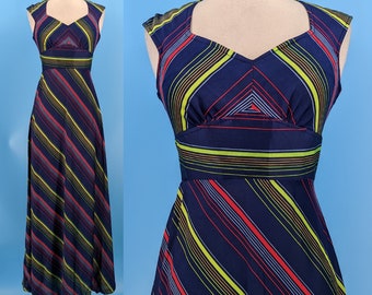 Vintage Seventies XS Cap Sleeve Striped Empire Waist Maxi Dress with Cut Out Back - Blue Striped XS Terri Juniors of California Maxi Dress