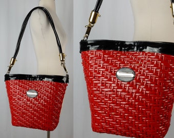 Vintage Red Basket Purse - 90s Lord and Taylor Woven Shoulder Bag