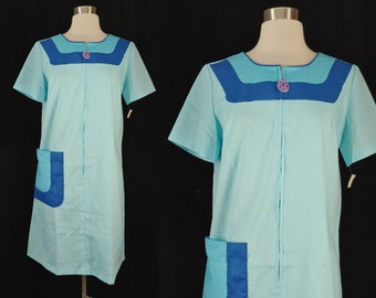 Vintage Blue Color Block Short Sleeve Zip Front Shift Dress - Vintage 60s / 70s New Old Stock Scrub Uniform Dress - Medium
