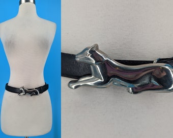 Vintage Avignon Black Leather Belt with Silver Panther Leopard Belt Buckle