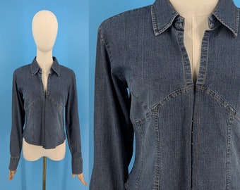 Vintage Y2K Denim Stretch Long Sleeve Collared Hook Front Blouse - 2000s Old College Inn Jean Bodice Top with Hook and Eye- Medium