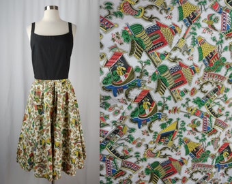 Vintage Fit and Flare Village Print Handmade Dress - Fifties Sixties Small / Medium Novelty Print Sleeveless Dress