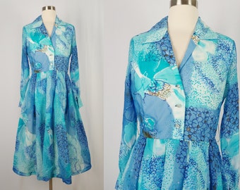 Vintage Sixties Shirtwaist Dress - 1960s Watercolor Crepe Dress - 60s Blue Party Dress - Fit and Flare Dress - Small